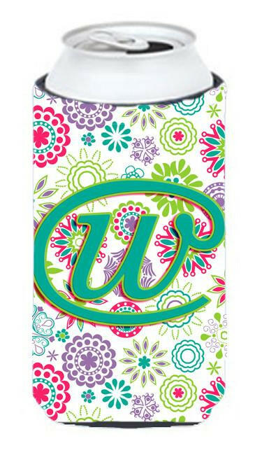 Letter W Flowers Pink Teal Green Initial Tall Boy Beverage Insulator Hugger CJ2011-WTBC by Caroline&#39;s Treasures