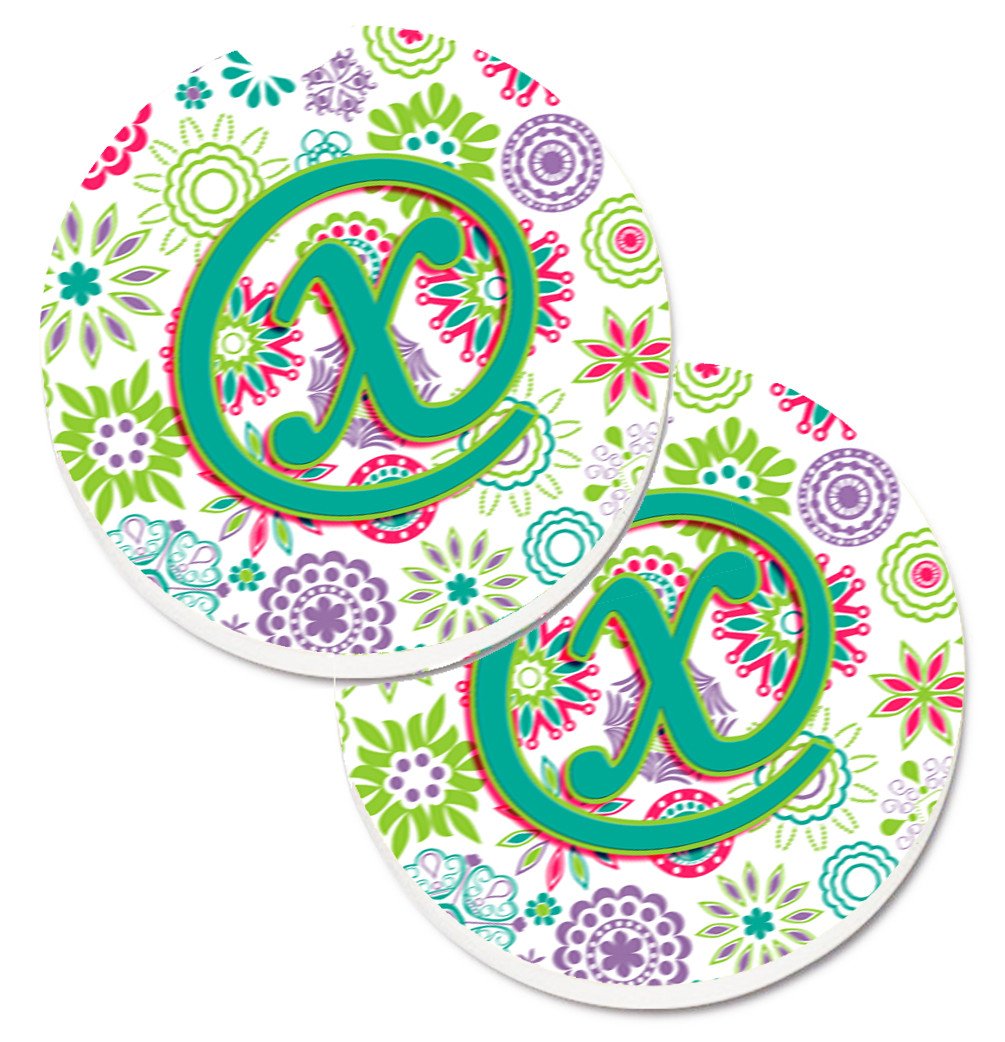 Letter X Flowers Pink Teal Green Initial Set of 2 Cup Holder Car Coasters CJ2011-XCARC by Caroline&#39;s Treasures