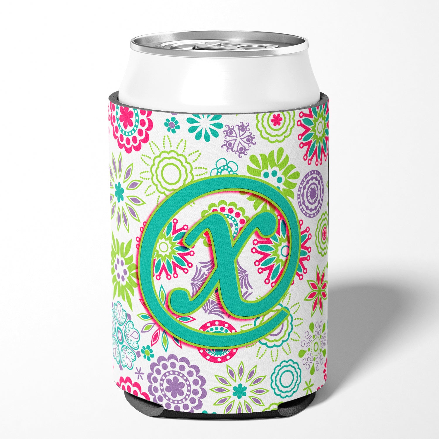 Letter X Flowers Pink Teal Green Initial Can or Bottle Hugger CJ2011-XCC