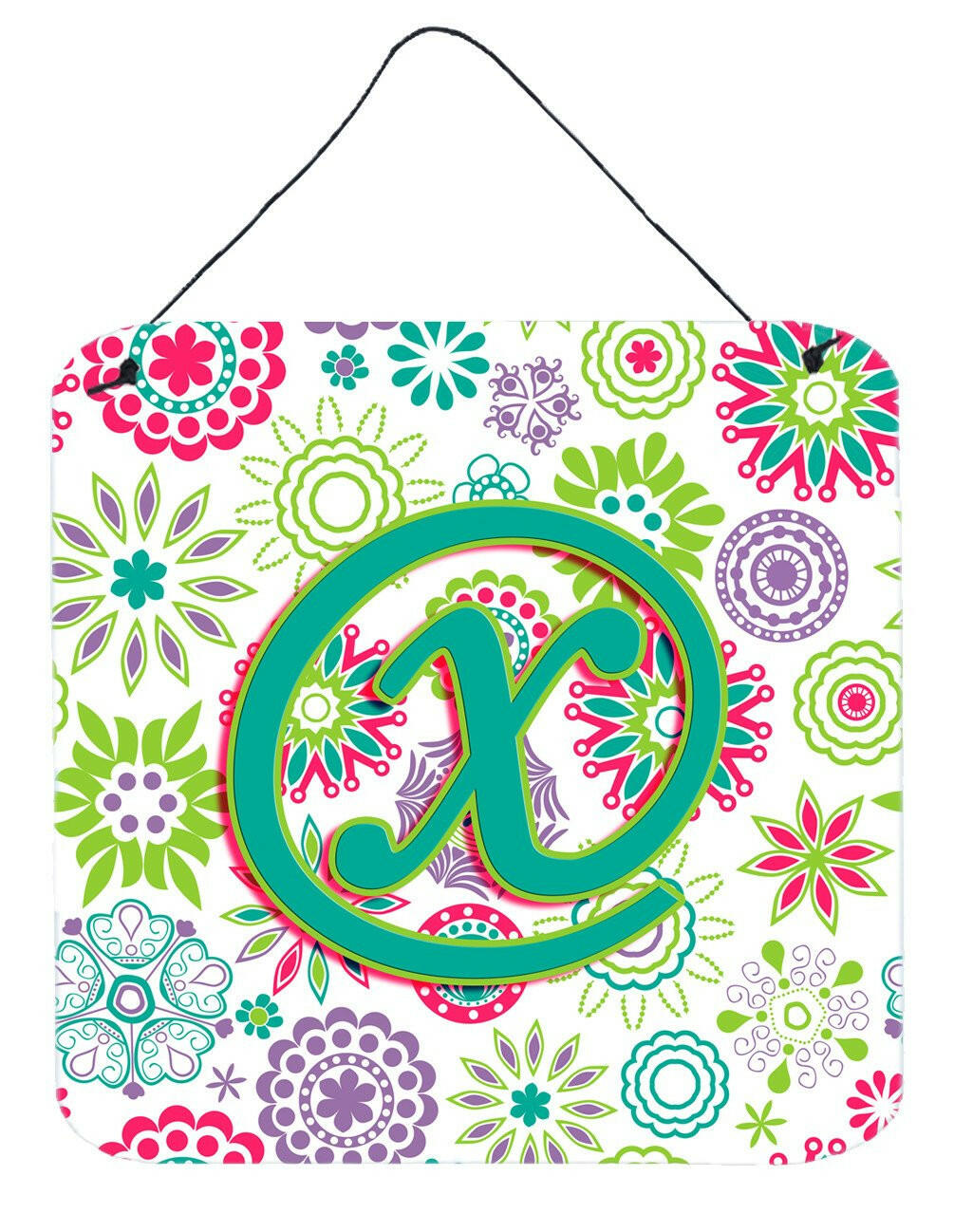 Letter X Flowers Pink Teal Green Initial Wall or Door Hanging Prints CJ2011-XDS66 by Caroline&#39;s Treasures