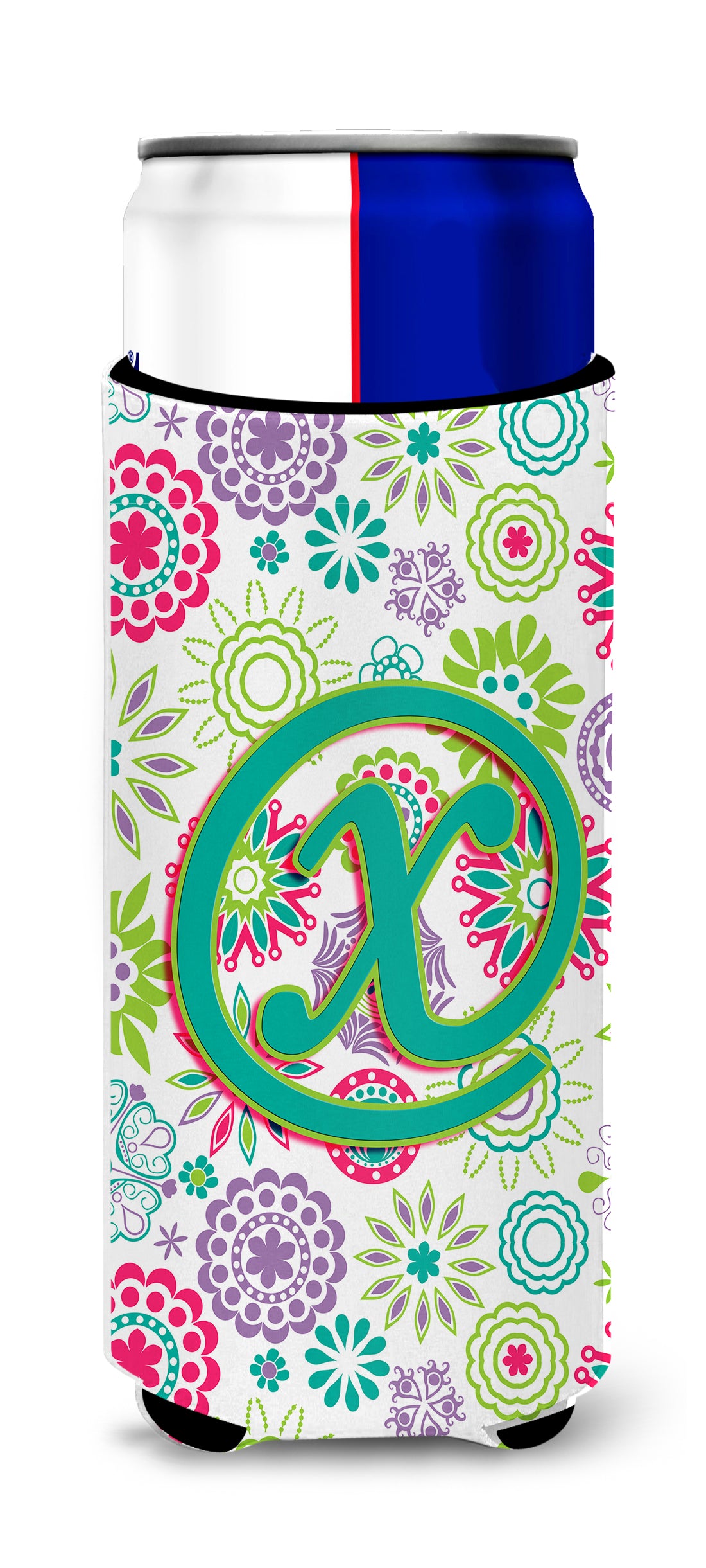 Letter X Flowers Pink Teal Green Initial Ultra Beverage Insulators for slim cans CJ2011-XMUK