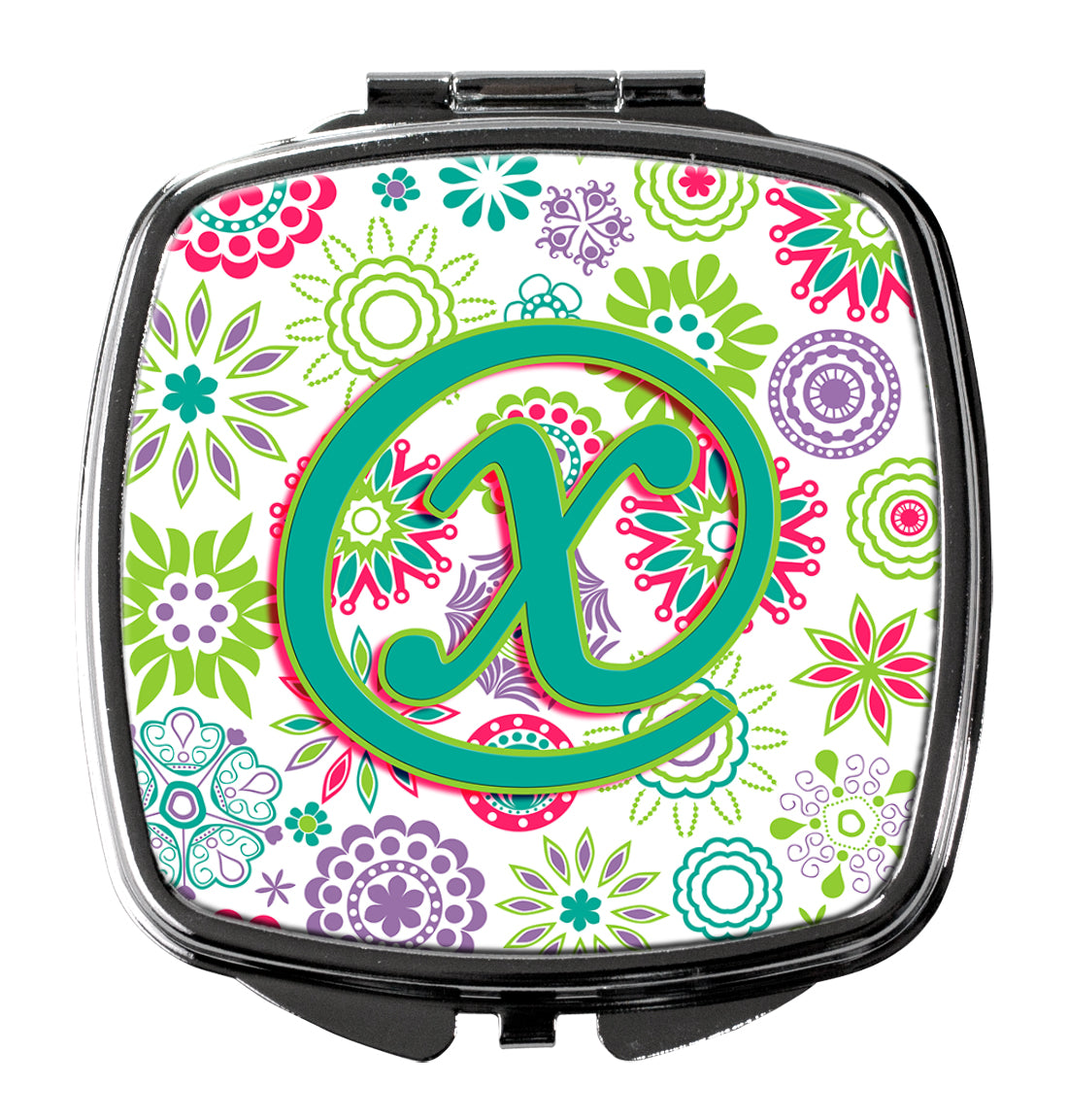 Letter X Flowers Pink Teal Green Initial Compact Mirror CJ2011-XSCM  the-store.com.