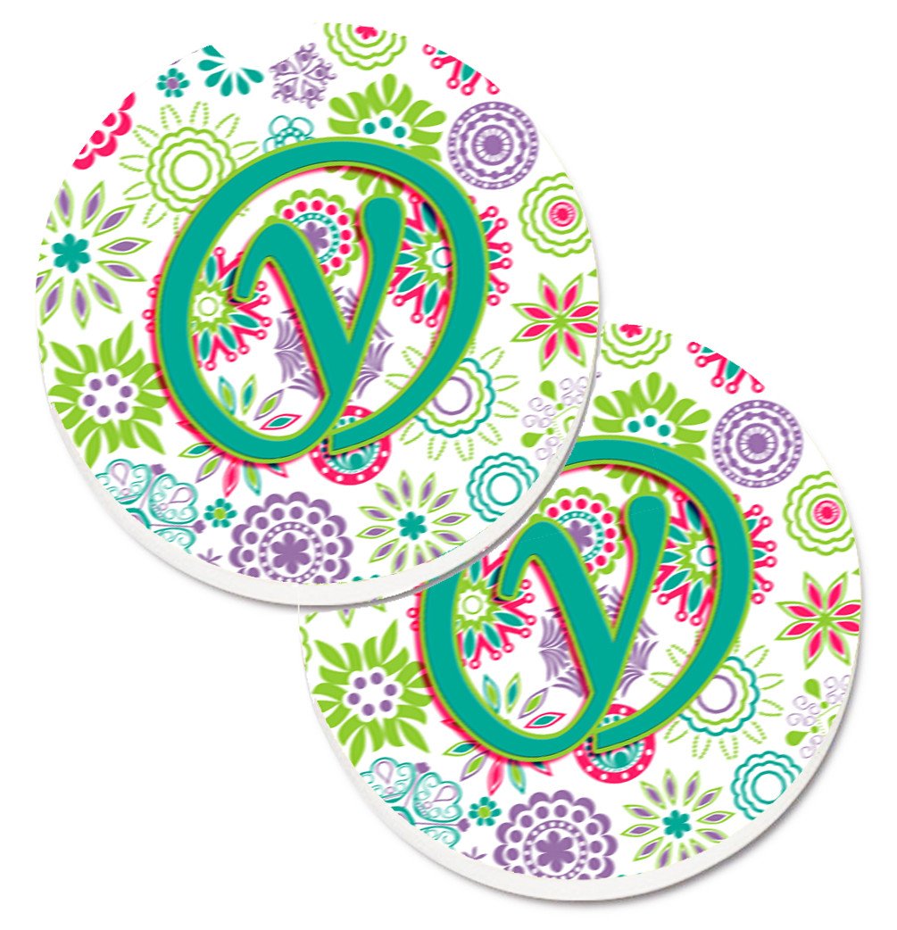 Letter Y Flowers Pink Teal Green Initial Set of 2 Cup Holder Car Coasters CJ2011-YCARC by Caroline&#39;s Treasures