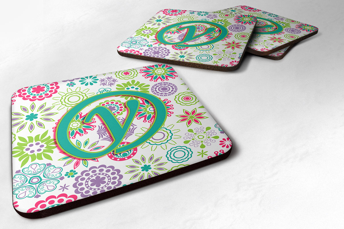 Set of 4 Letter Y Flowers Pink Teal Green Initial Foam Coasters CJ2011-YFC - the-store.com