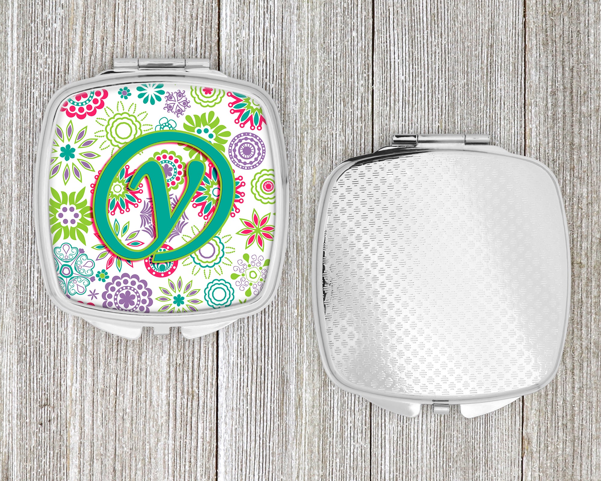 Letter Y Flowers Pink Teal Green Initial Compact Mirror CJ2011-YSCM  the-store.com.