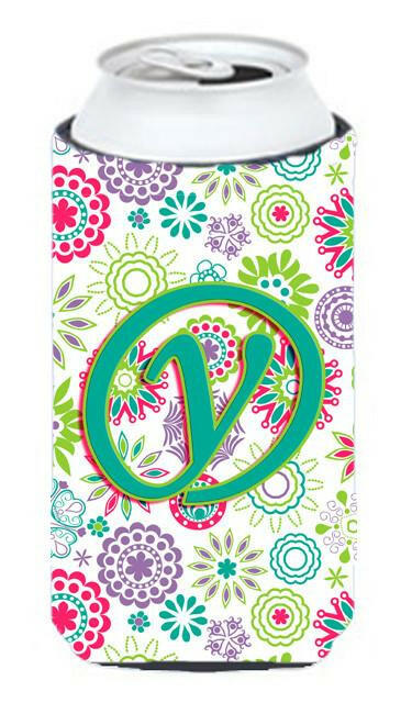 Letter Y Flowers Pink Teal Green Initial Tall Boy Beverage Insulator Hugger CJ2011-YTBC by Caroline&#39;s Treasures