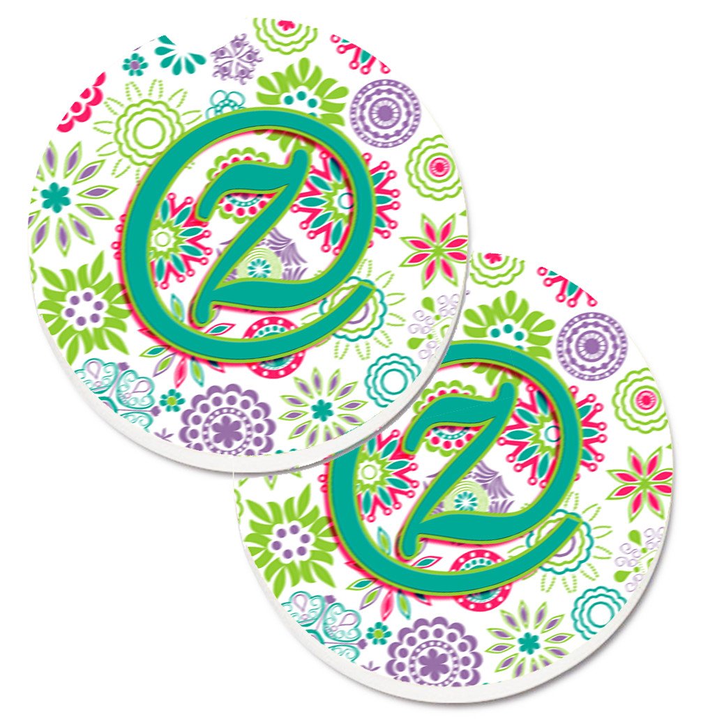 Letter Z Flowers Pink Teal Green Initial Set of 2 Cup Holder Car Coasters CJ2011-ZCARC by Caroline&#39;s Treasures