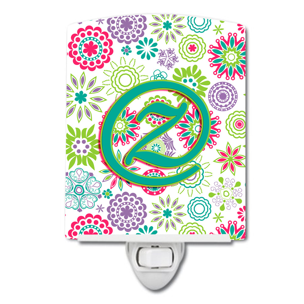 Letter Z Flowers Pink Teal Green Initial Ceramic Night Light CJ2011-ZCNL - the-store.com