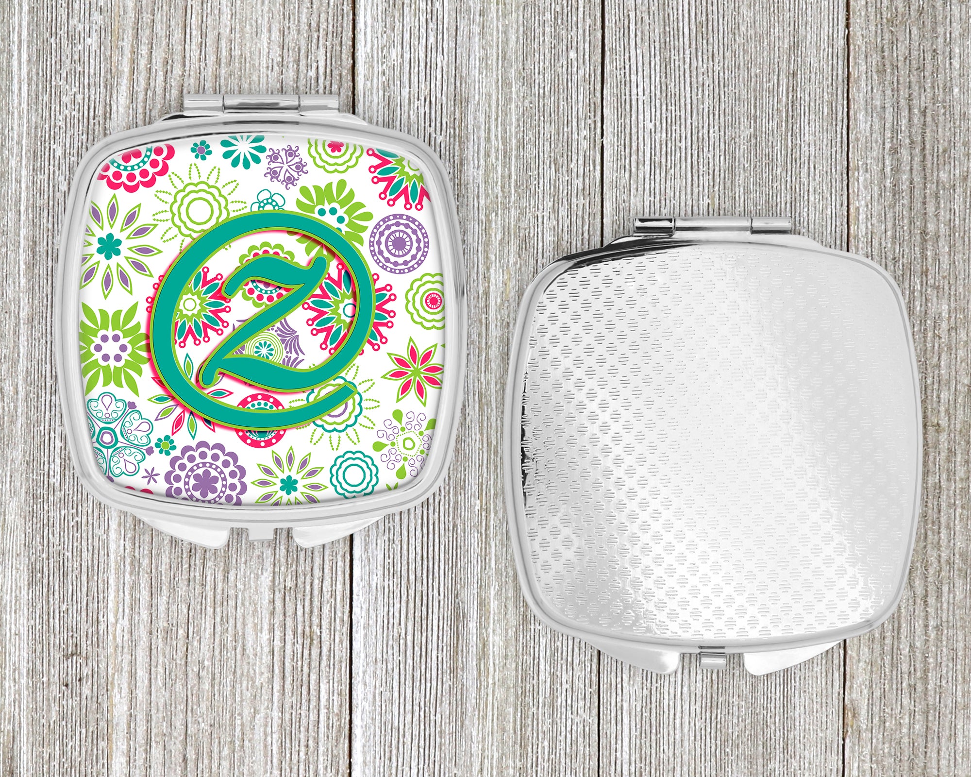 Letter Z Flowers Pink Teal Green Initial Compact Mirror CJ2011-ZSCM  the-store.com.