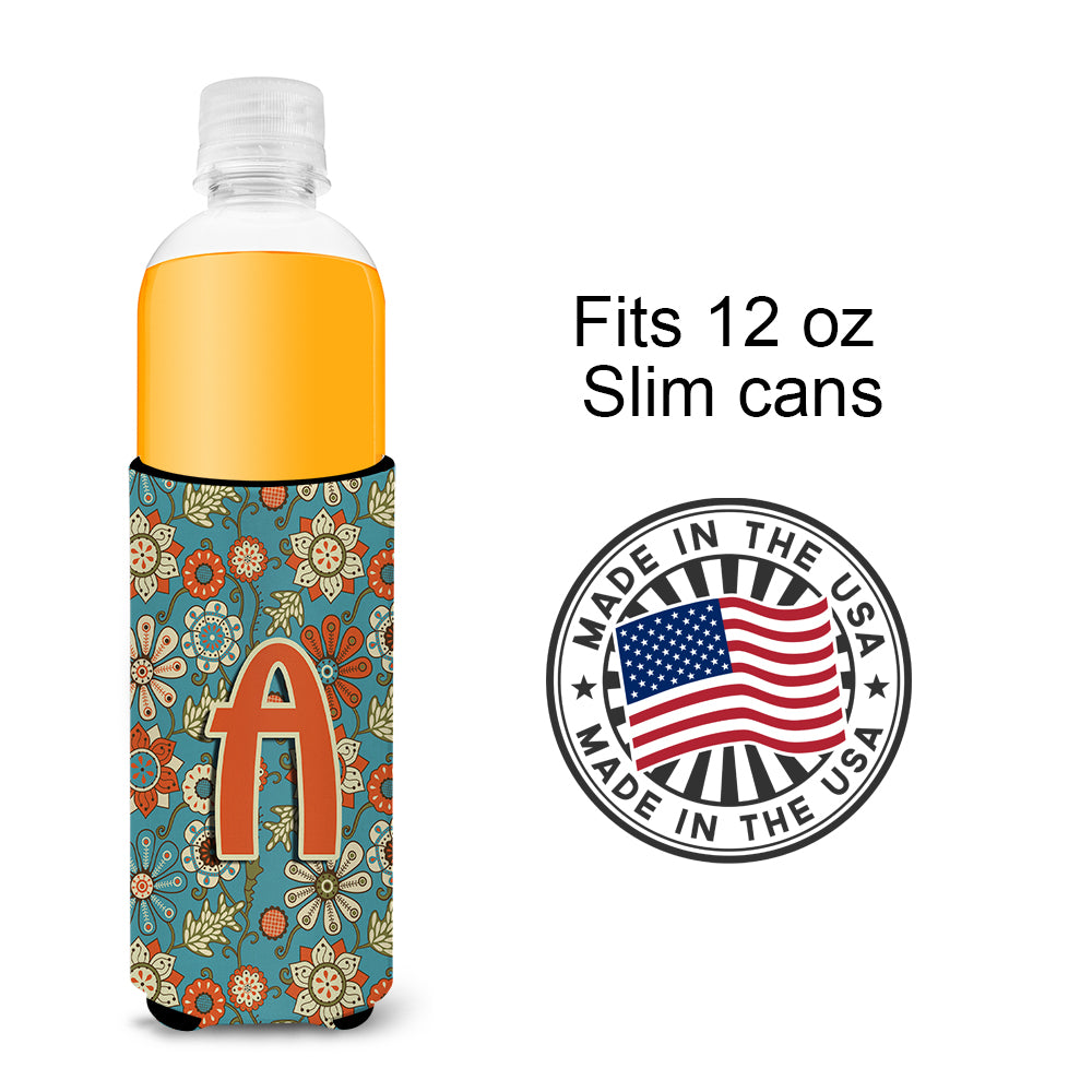 Letter A Flowers Retro Blue Ultra Beverage Insulators for slim cans CJ2012-AMUK.