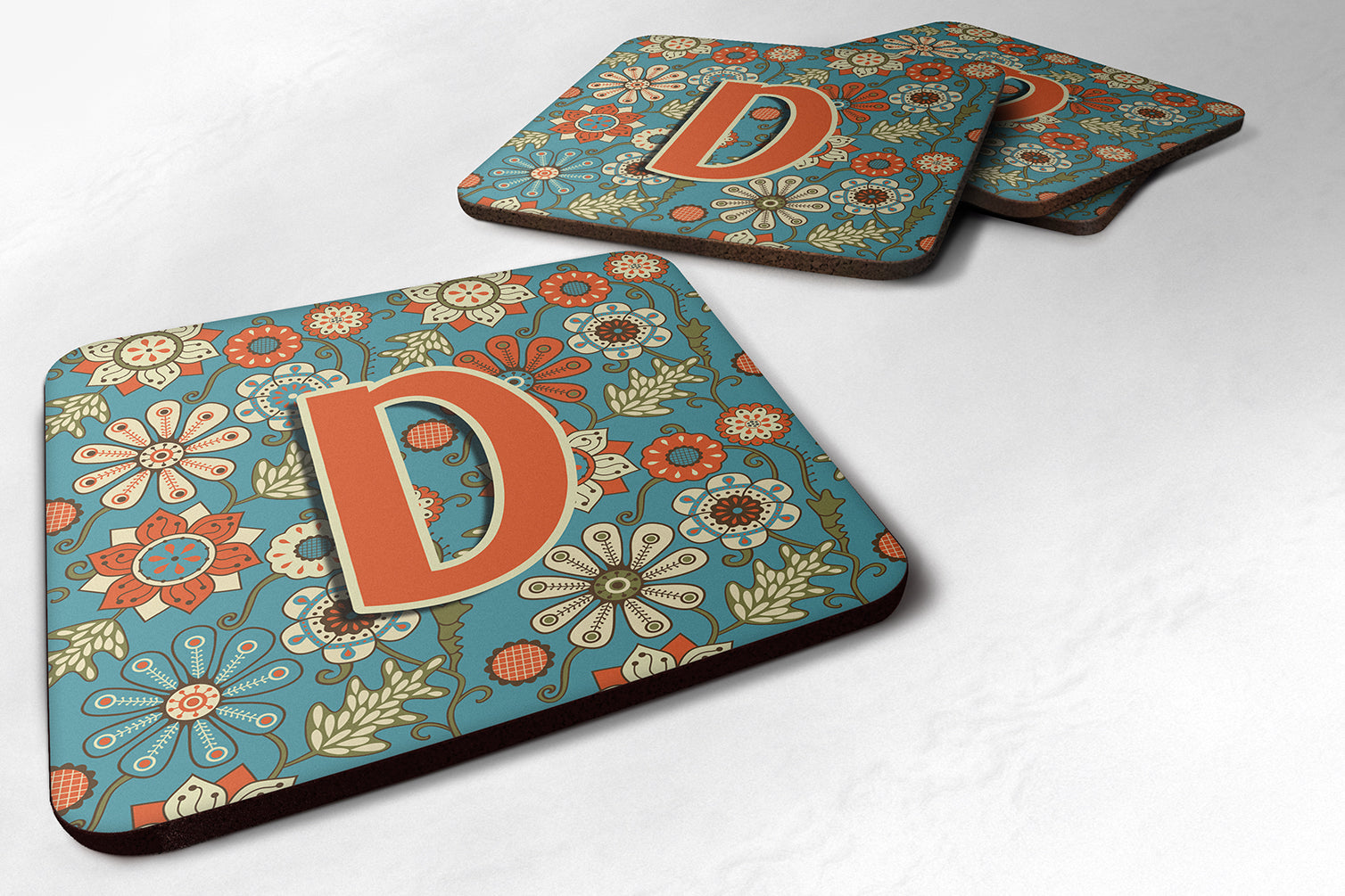 Set of 4 Letter D Flowers Retro Blue Foam Coasters CJ2012-DFC - the-store.com