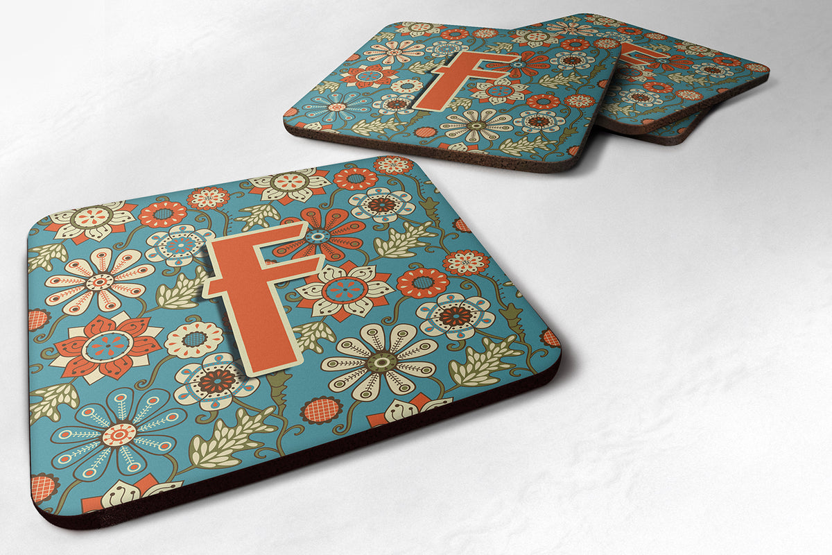 Set of 4 Letter F Flowers Retro Blue Foam Coasters CJ2012-FFC - the-store.com