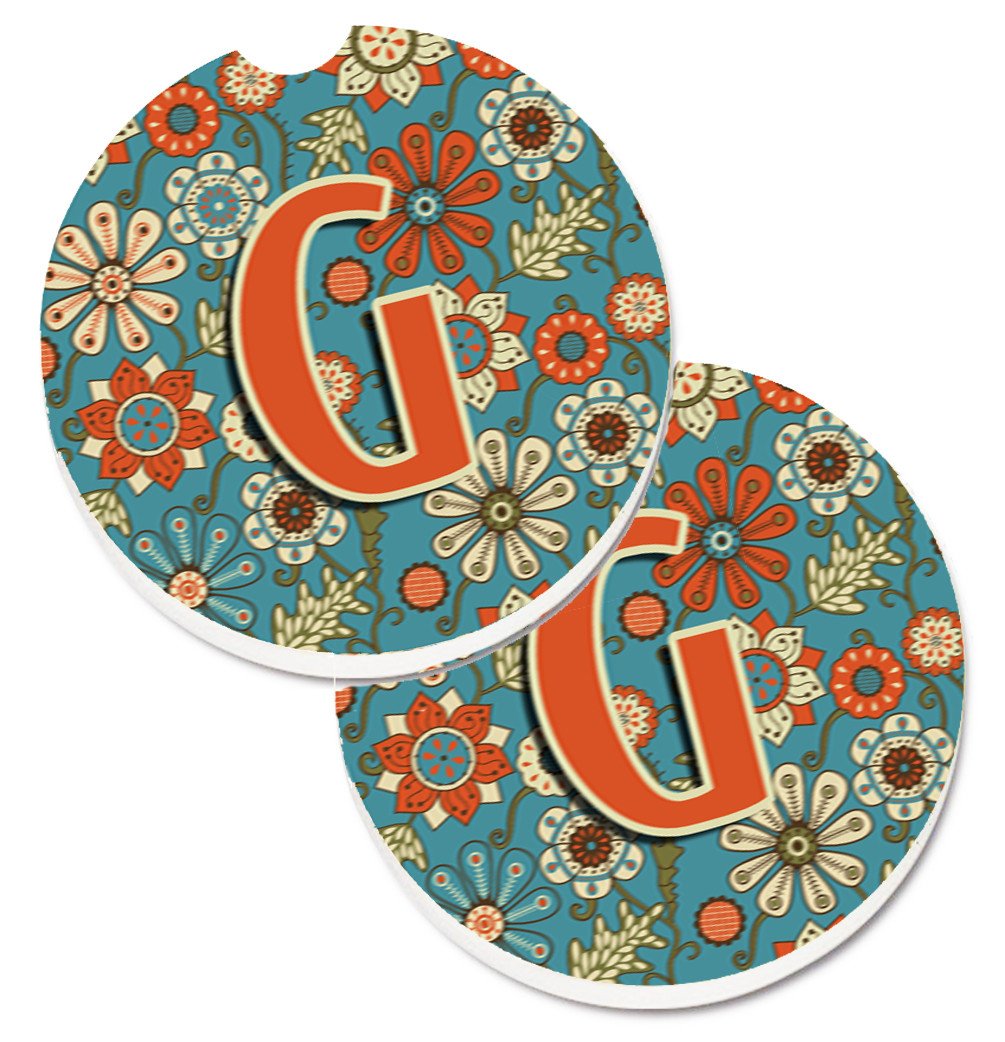Letter G Flowers Retro Blue Set of 2 Cup Holder Car Coasters CJ2012-GCARC by Caroline&#39;s Treasures