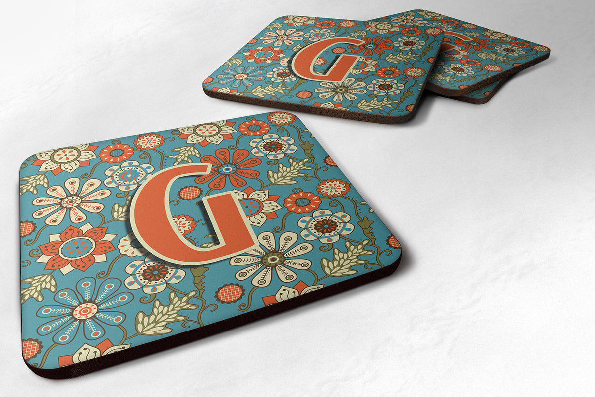 Set of 4 Letter G Flowers Retro Blue Foam Coasters CJ2012-GFC - the-store.com