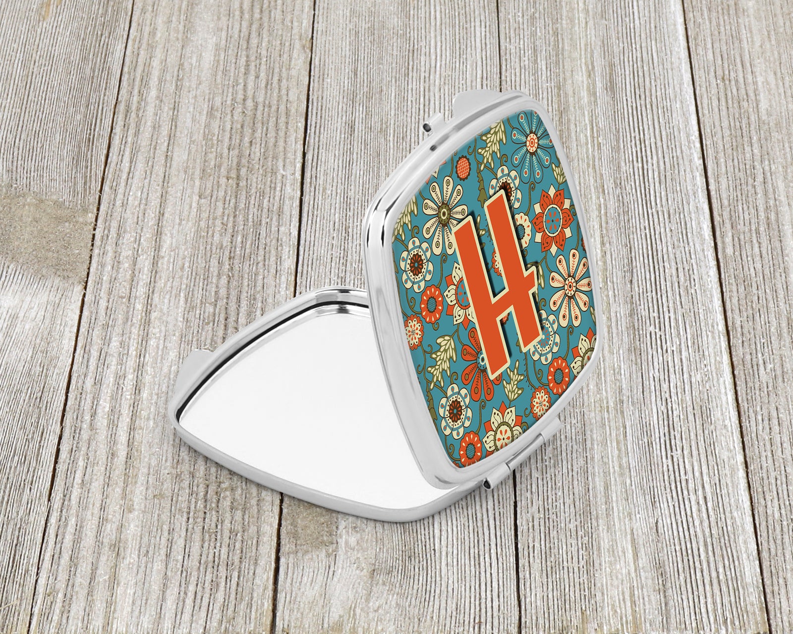 Caroline's Treasures Letter H Flowers Retro Blue Compact Mirror – Stylish Purse Mirror with Artistic Covers CJ2012-HSCM