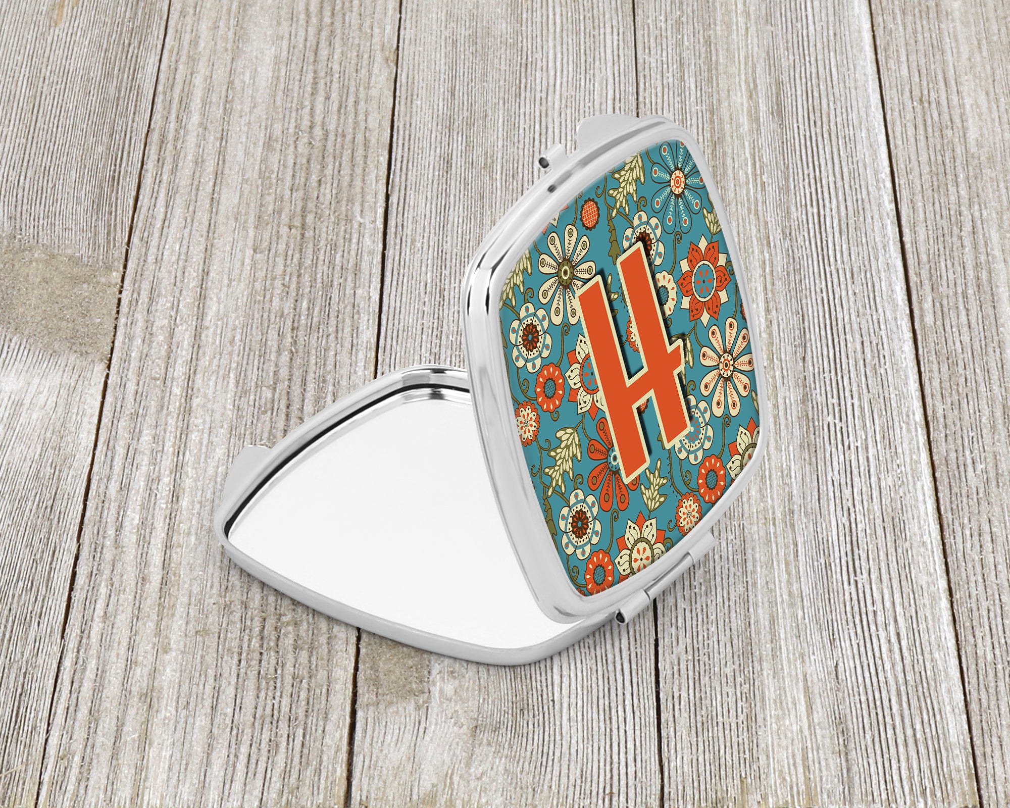 Caroline's Treasures Letter H Flowers Retro Blue Compact Mirror – Stylish Purse Mirror with Artistic Covers CJ2012-HSCM