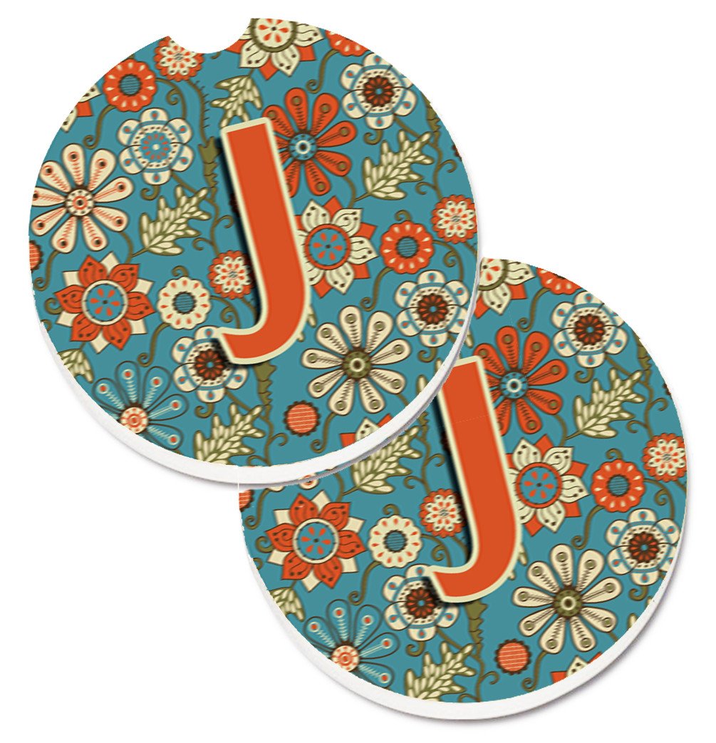 Letter J Flowers Retro Blue Set of 2 Cup Holder Car Coasters CJ2012-JCARC by Caroline&#39;s Treasures