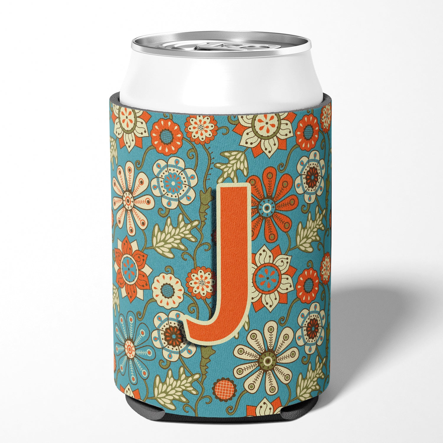 Letter J Flowers Retro Blue Can or Bottle Hugger CJ2012-JCC