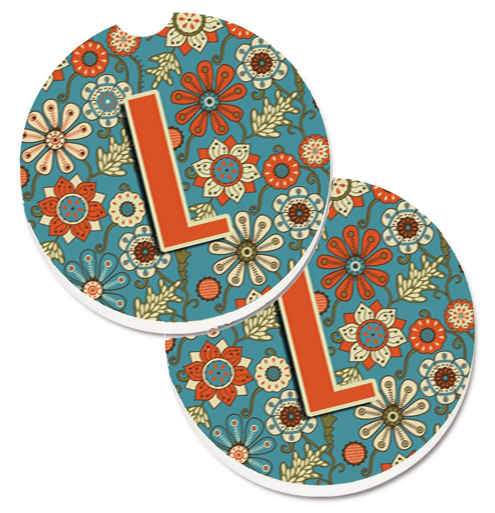 Letter L Flowers Retro Blue Set of 2 Cup Holder Car Coasters CJ2012-LCARC by Caroline&#39;s Treasures