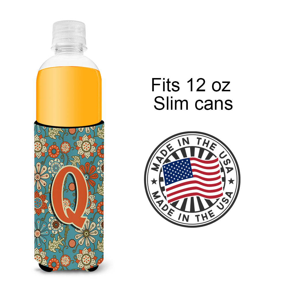 Lettre Q Flowers Retro Blue Ultra Beverage Isolateurs pour canettes minces CJ2012-QMUK