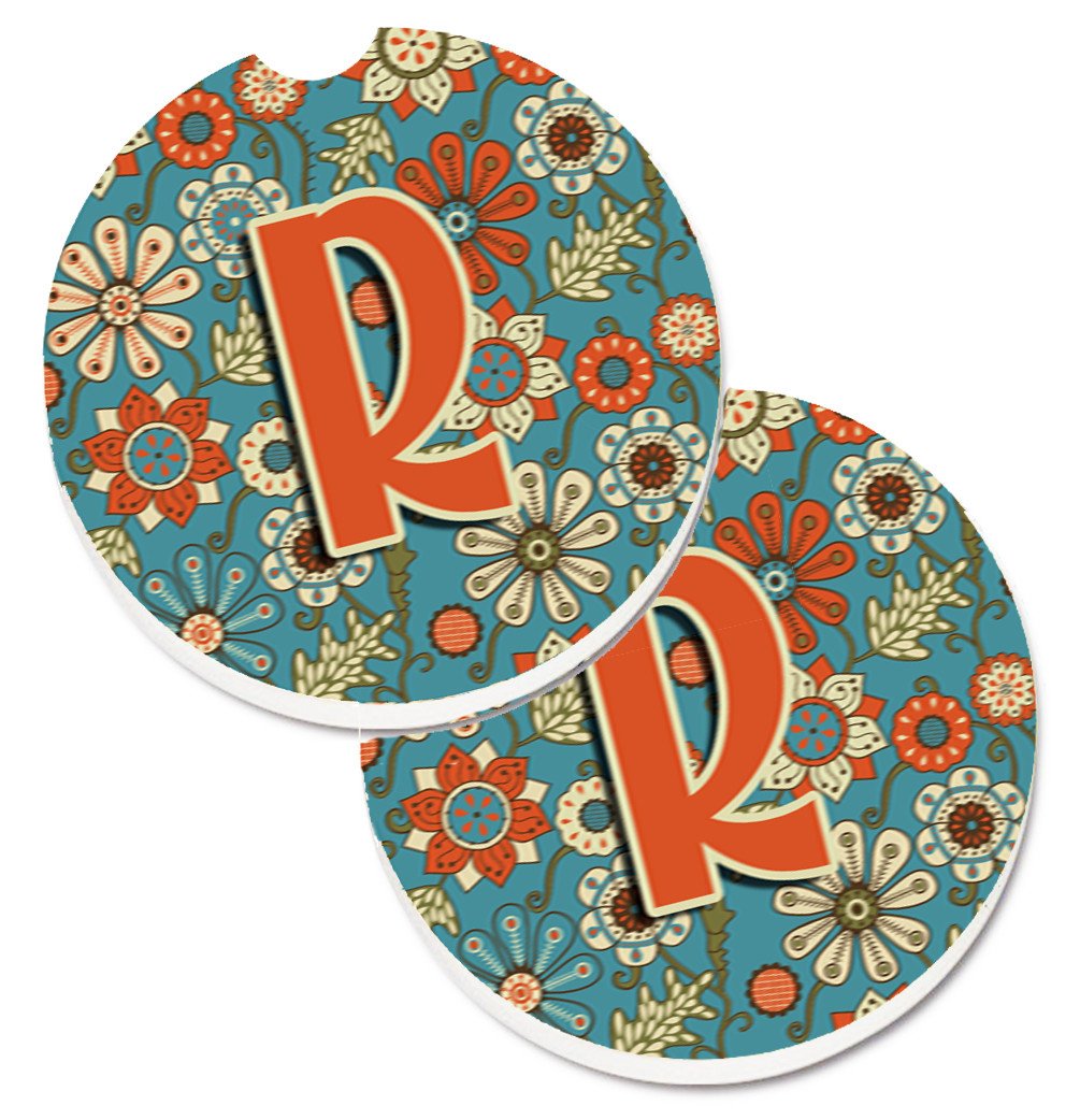 Letter R Flowers Retro Blue Set of 2 Cup Holder Car Coasters CJ2012-RCARC by Caroline&#39;s Treasures