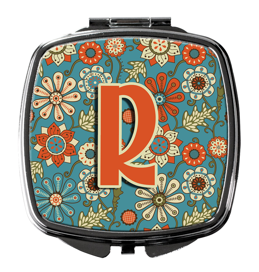 Caroline's Treasures Letter R Flowers Retro Blue Compact Mirror – Stylish Purse Mirror with Artistic Covers CJ2012-RSCM
