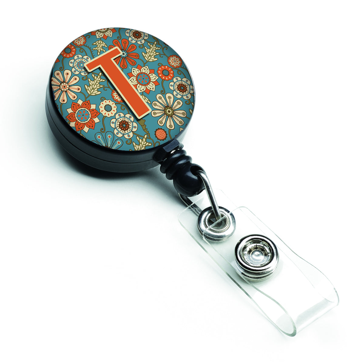 Caroline's Treasures Letter T Flowers Retro Blue Retractable Badge Reel CJ2012-TBR
