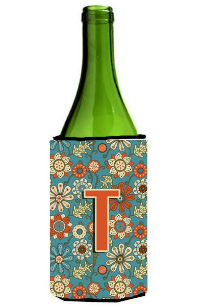 Letter T Flowers Retro Blue Wine Bottle Beverage Insulator Hugger CJ2012-TLITERK by Caroline&#39;s Treasures