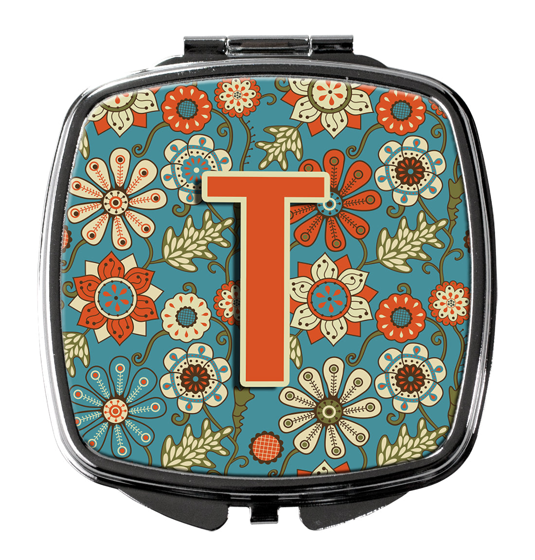 Caroline's Treasures Letter T Flowers Retro Blue Compact Mirror – Stylish Purse Mirror with Artistic Covers CJ2012-TSCM
