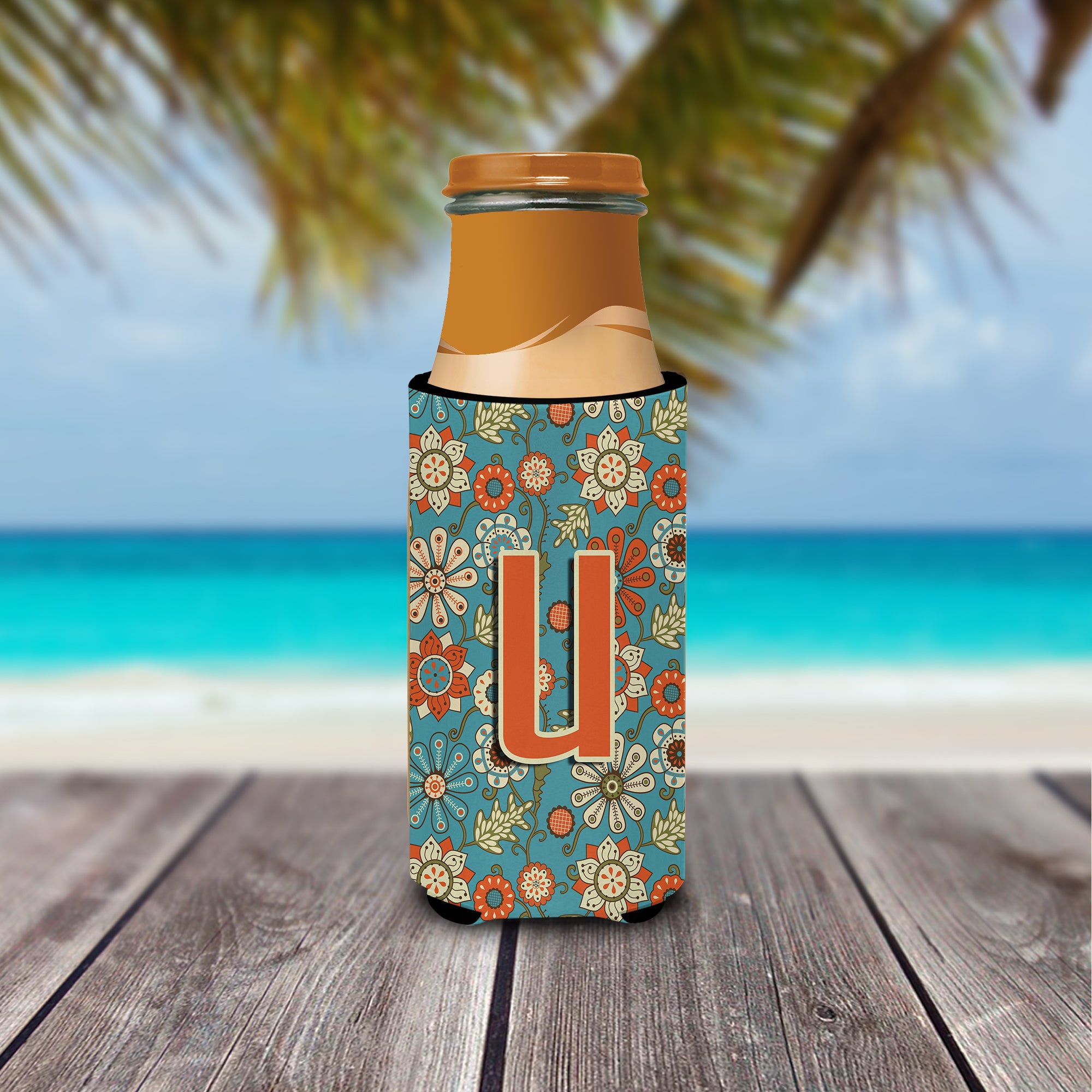 Letter U Flowers Retro Blue Ultra Beverage Insulators for slim cans CJ2012-UMUK.