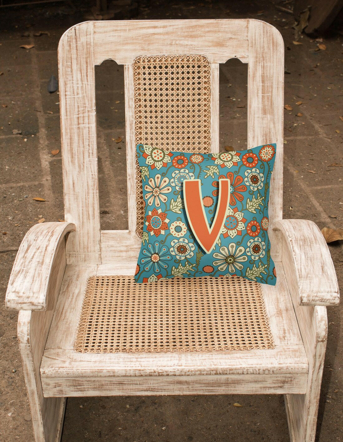 Letter V Flowers Retro Blue Canvas Fabric Decorative Pillow CJ2012-VPW1414 by Caroline's Treasures