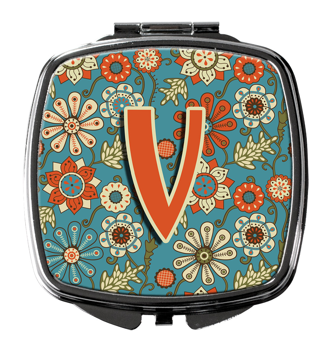 Caroline's Treasures Letter V Flowers Retro Blue Compact Mirror – Stylish Purse Mirror with Artistic Covers CJ2012-VSCM