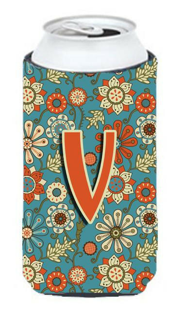 Letter V Flowers Retro Blue Tall Boy Beverage Insulator Hugger CJ2012-VTBC by Caroline's Treasures