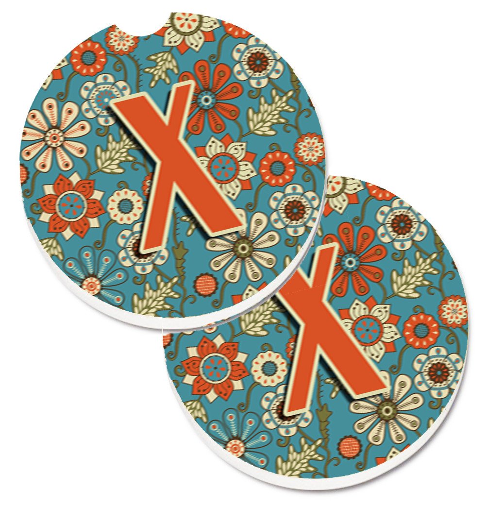Letter X Flowers Retro Blue Set of 2 Cup Holder Car Coasters CJ2012-XCARC by Caroline&#39;s Treasures
