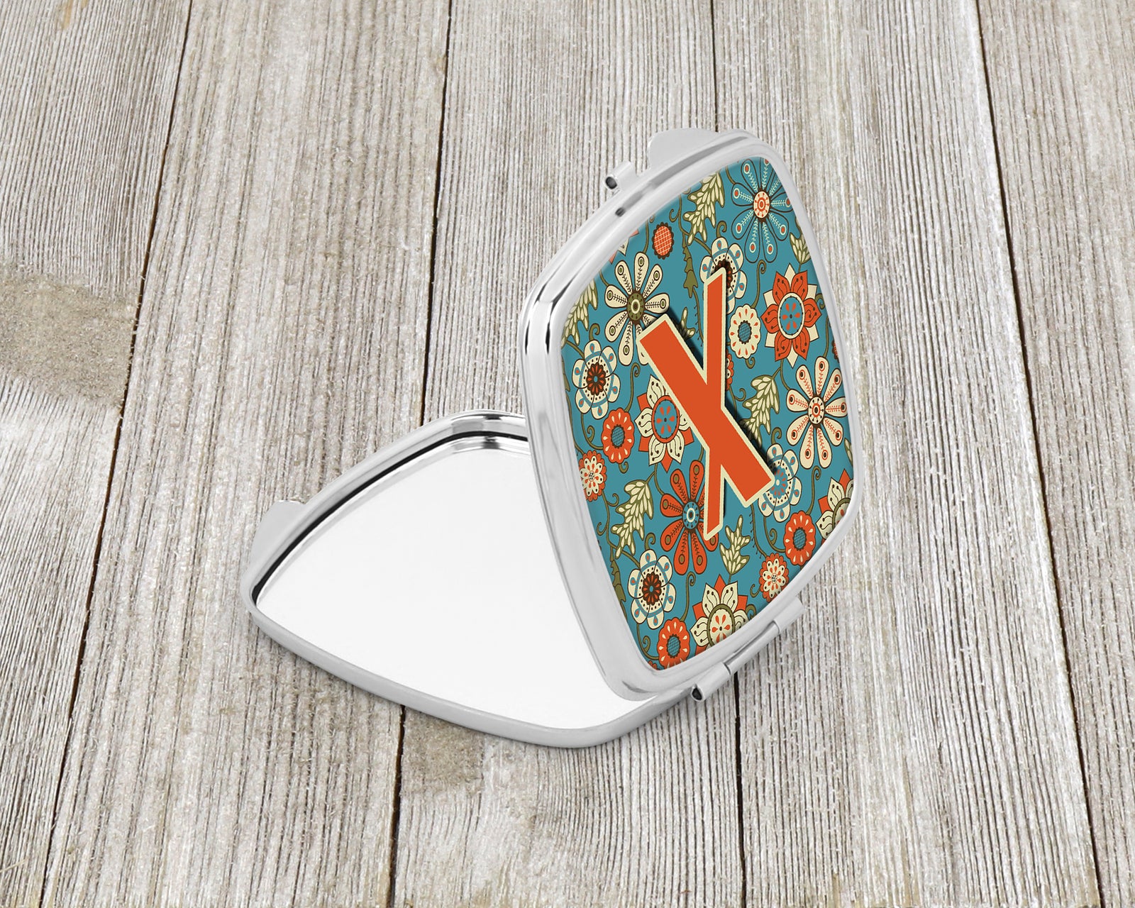 Caroline's Treasures Letter X Flowers Retro Blue Compact Mirror – Stylish Purse Mirror with Artistic Covers CJ2012-XSCM