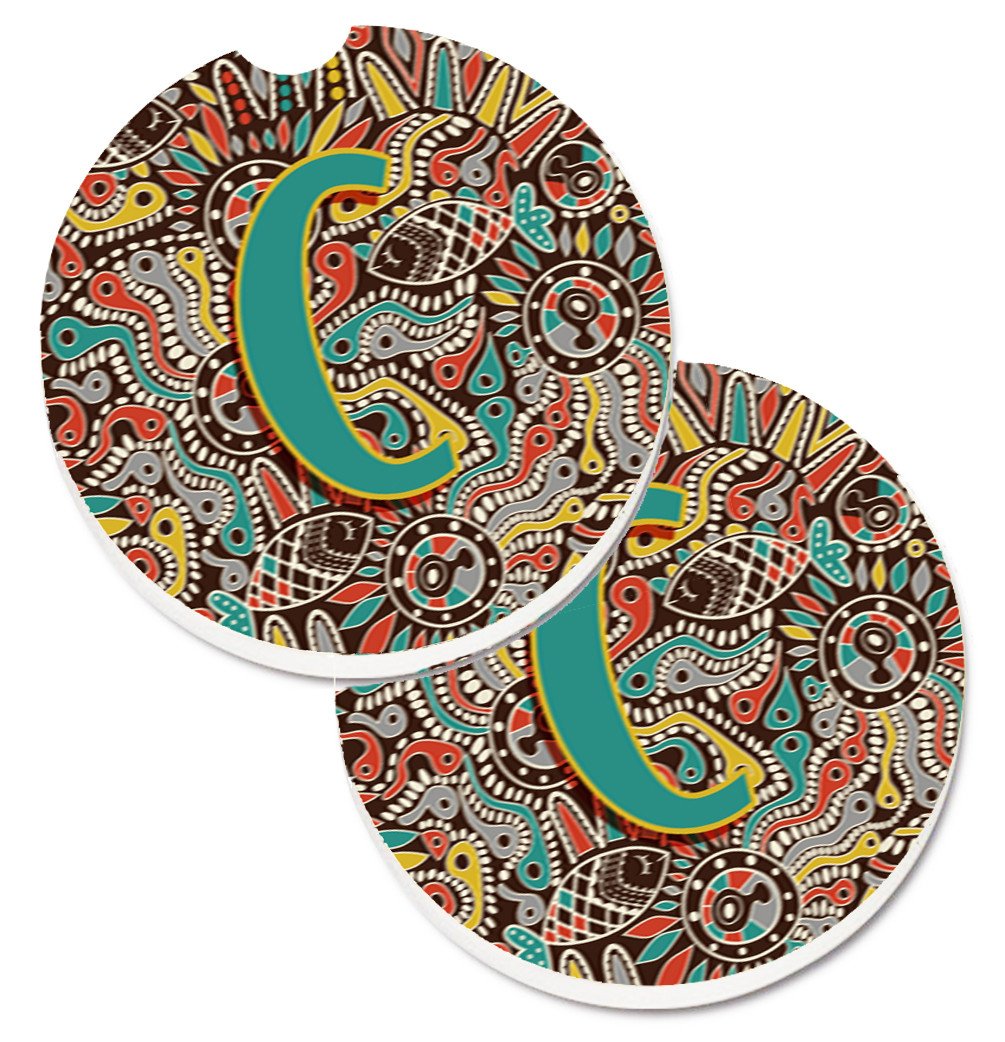 Letter C Retro Tribal Alphabet Initial Set of 2 Cup Holder Car Coasters CJ2013-CCARC by Caroline&#39;s Treasures