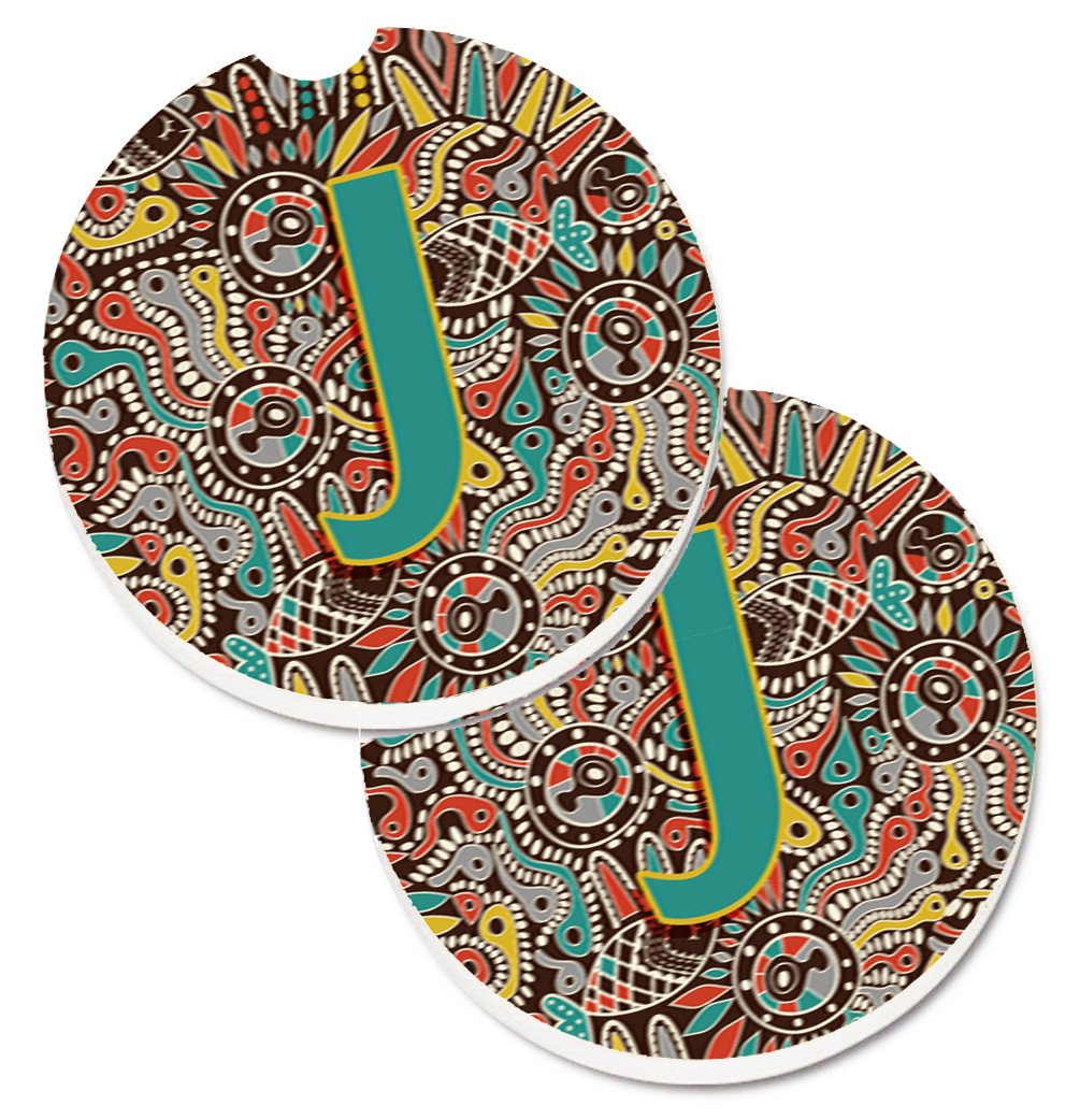 Letter J Retro Tribal Alphabet Initial Set of 2 Cup Holder Car Coasters CJ2013-JCARC by Caroline&#39;s Treasures