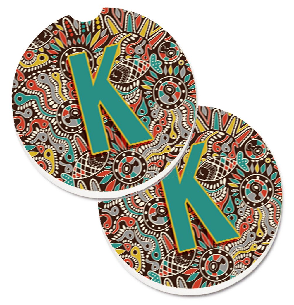 Letter K Retro Tribal Alphabet Initial Set of 2 Cup Holder Car Coasters CJ2013-KCARC by Caroline&#39;s Treasures