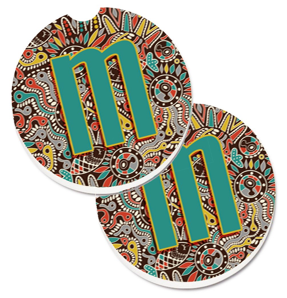 Letter M Retro Tribal Alphabet Initial Set of 2 Cup Holder Car Coasters CJ2013-MCARC by Caroline&#39;s Treasures