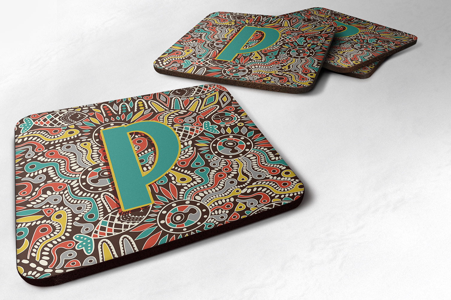 Set of 4 Letter P Retro Tribal Alphabet Initial Foam Coasters CJ2013-PFC - the-store.com