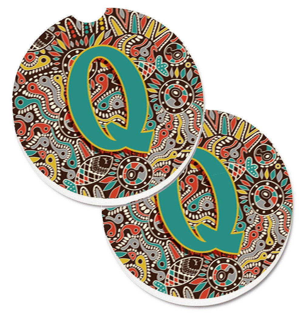 Letter Q Retro Tribal Alphabet Initial Set of 2 Cup Holder Car Coasters CJ2013-QCARC by Caroline&#39;s Treasures