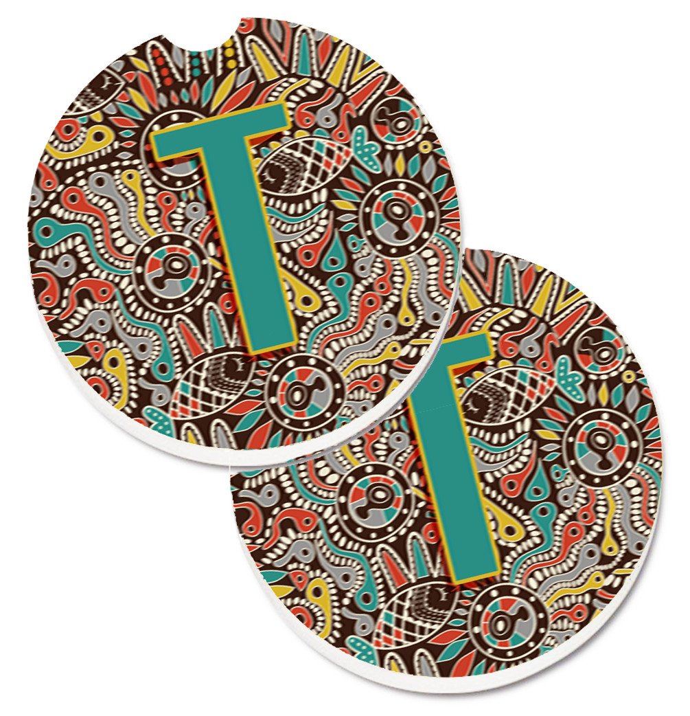 Letter T Retro Tribal Alphabet Initial Set of 2 Cup Holder Car Coasters CJ2013-TCARC by Caroline&#39;s Treasures