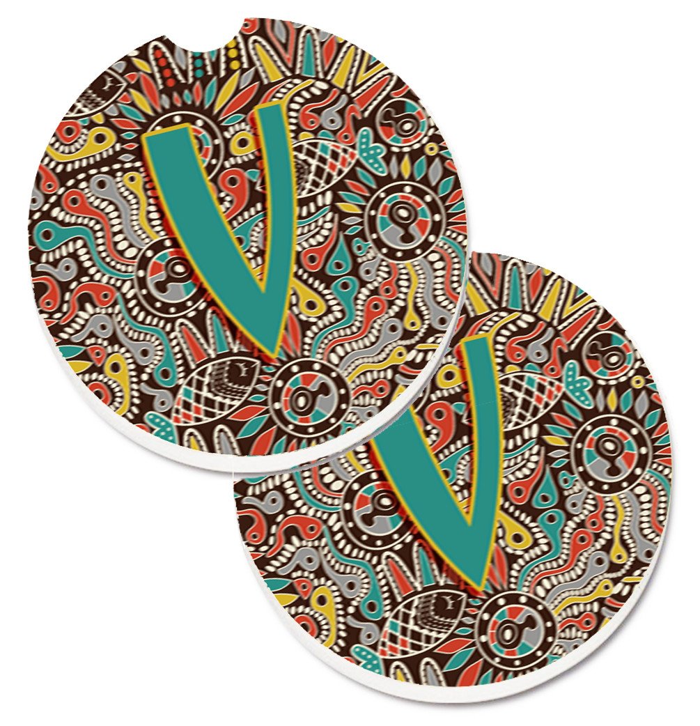 Letter V Retro Tribal Alphabet Initial Set of 2 Cup Holder Car Coasters CJ2013-VCARC by Caroline's Treasures