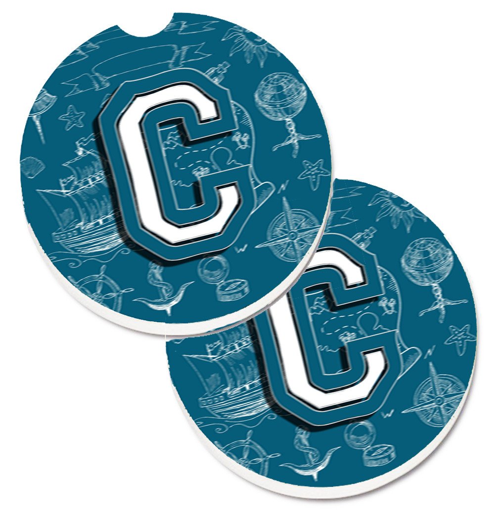 Letter C Sea Doodles Initial Alphabet Set of 2 Cup Holder Car Coasters CJ2014-CCARC by Caroline&#39;s Treasures