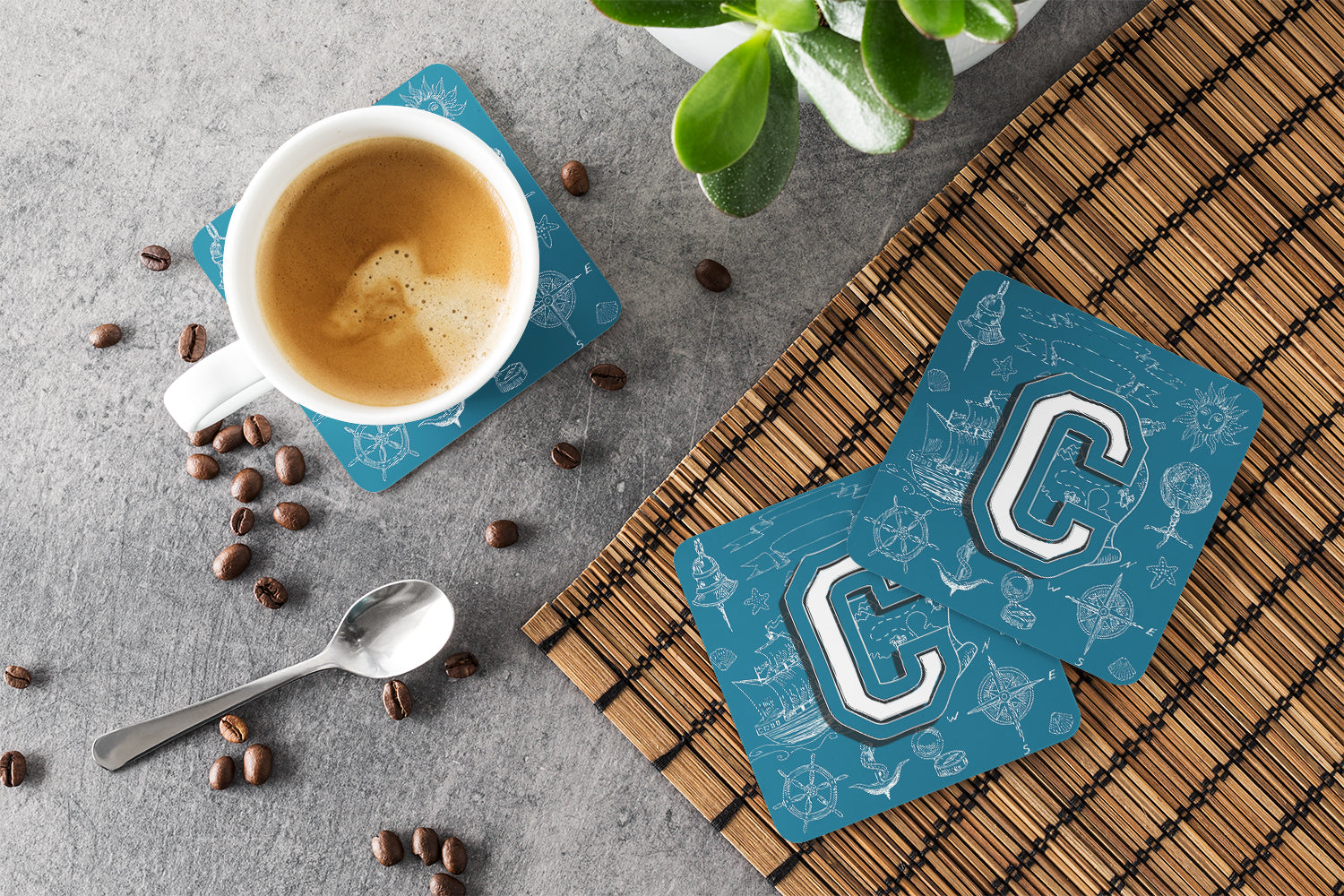 Set of 4 Letter C Sea Doodles Initial Alphabet Foam Coasters CJ2014-CFC - the-store.com