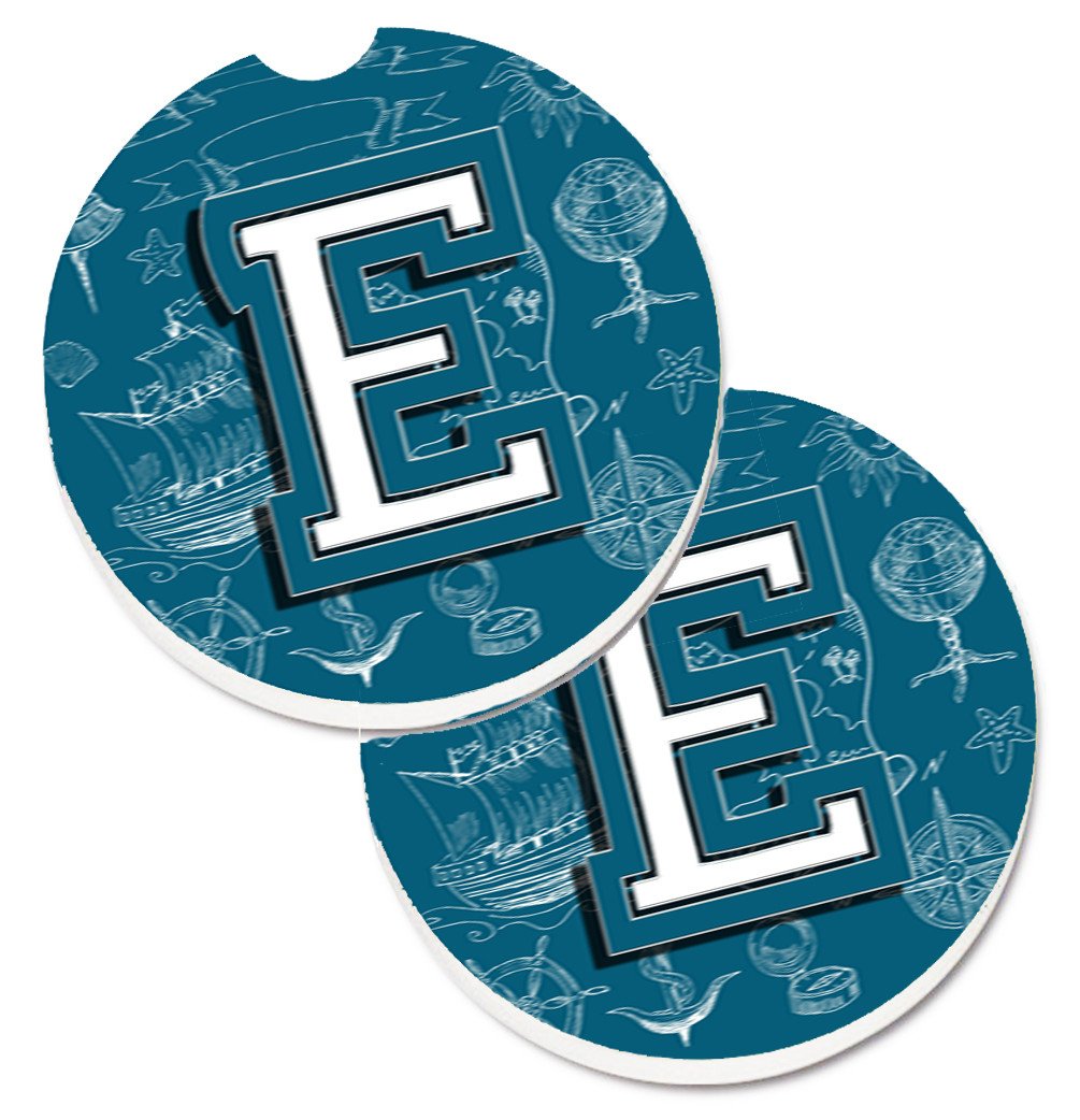 Letter E Sea Doodles Initial Alphabet Set of 2 Cup Holder Car Coasters CJ2014-ECARC by Caroline&#39;s Treasures