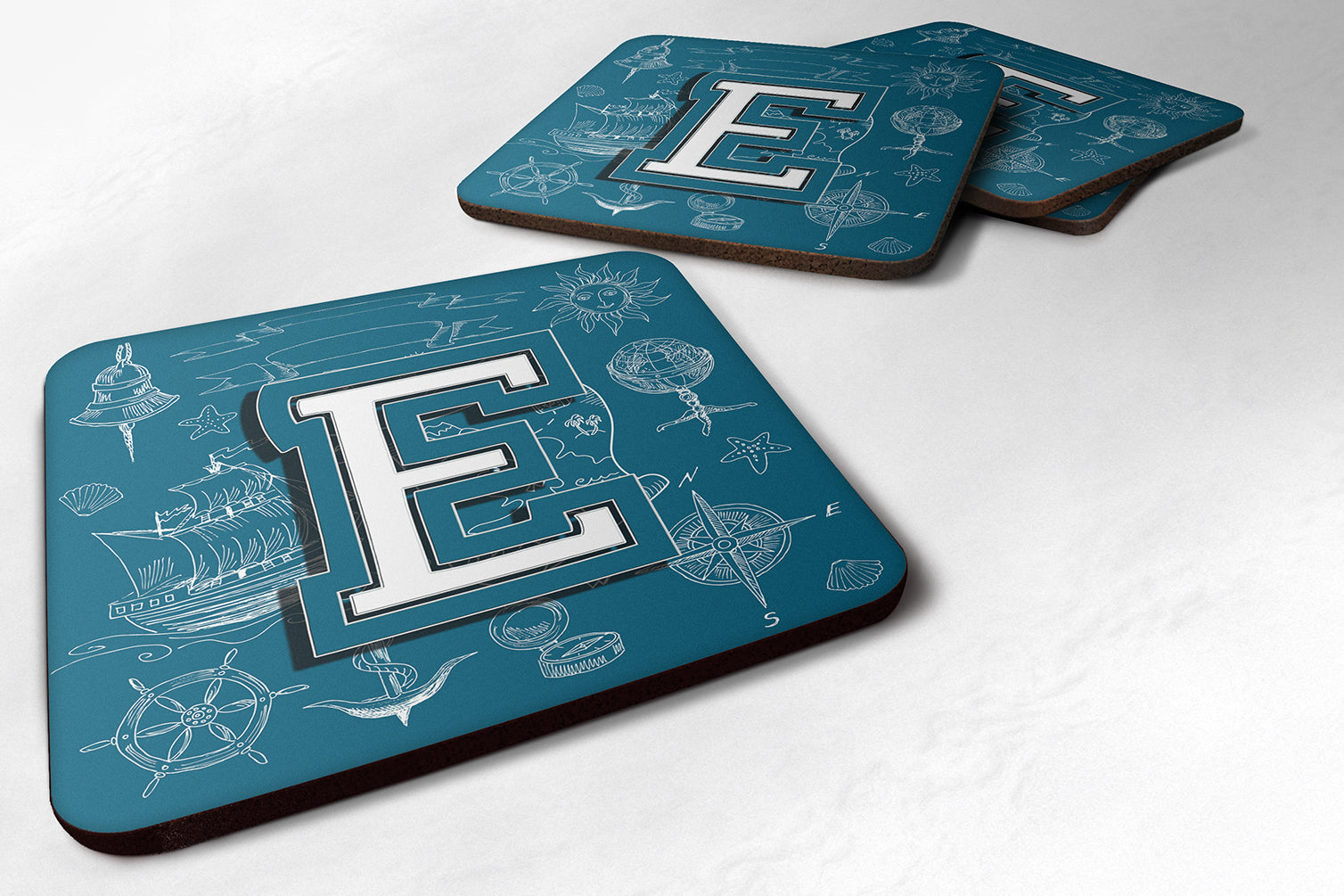 Set of 4 Letter E Sea Doodles Initial Alphabet Foam Coasters CJ2014-EFC - the-store.com