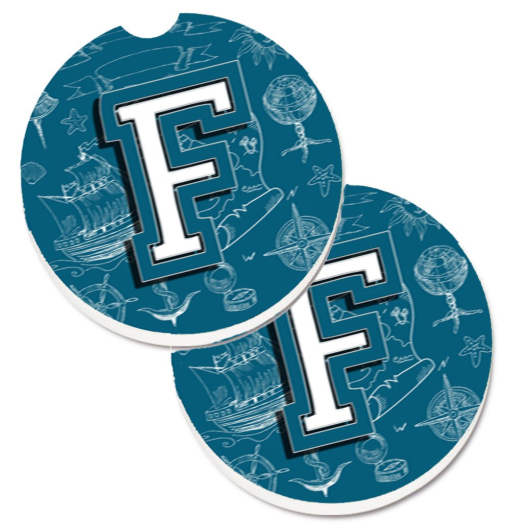 Letter F Sea Doodles Initial Alphabet Set of 2 Cup Holder Car Coasters CJ2014-FCARC by Caroline's Treasures