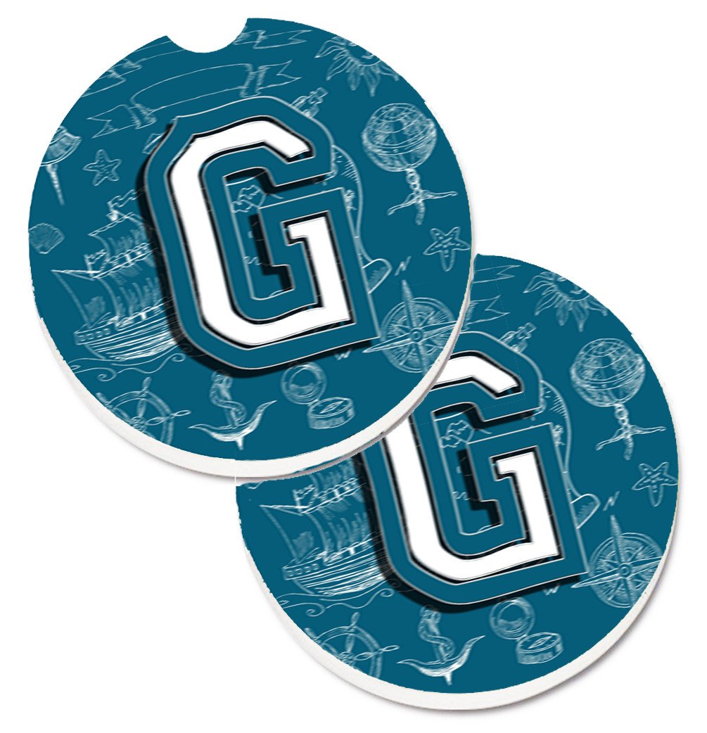 Letter G Sea Doodles Initial Alphabet Set of 2 Cup Holder Car Coasters CJ2014-GCARC by Caroline&#39;s Treasures