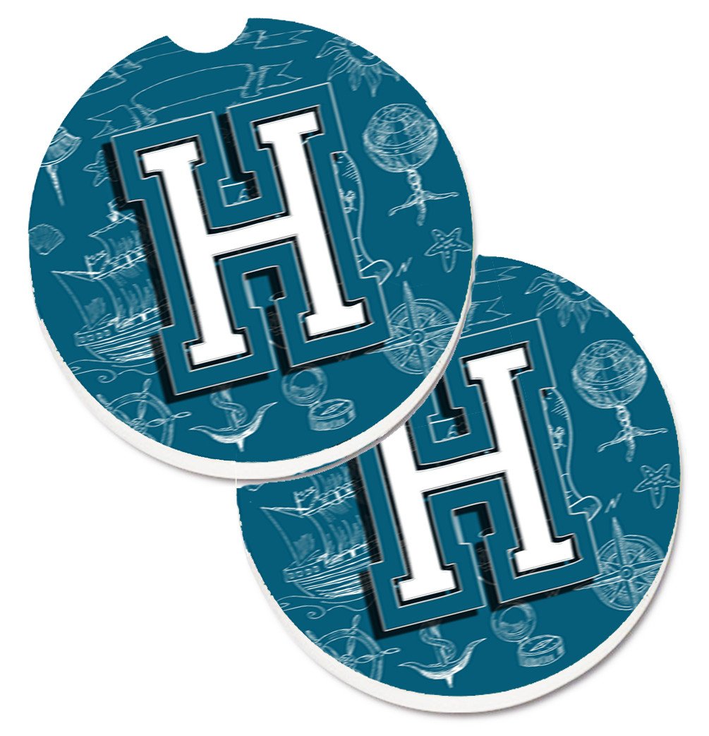 Letter H Sea Doodles Initial Alphabet Set of 2 Cup Holder Car Coasters CJ2014-HCARC by Caroline's Treasures